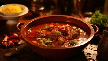 AI generated beef steak soup homemade, melds mexican and american cultures photo