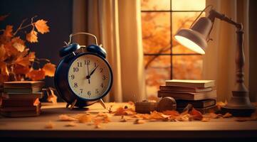 ai generado otoño hojas, árbol, libros, reloj, alarma en un habitación foto