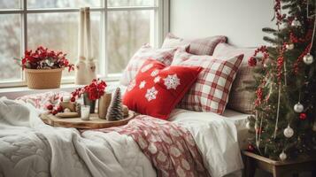 AI generated a red and white bedroom is decorated with christmas decorations photo