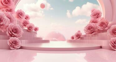 AI generated a pink platform on an empty space between pink roses photo