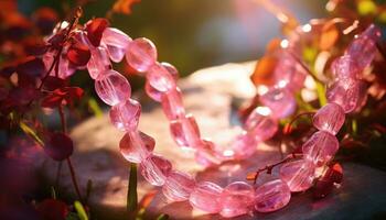 AI generated a long pink necklace sitting on some stones photo