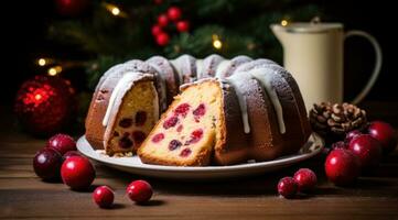 ai generado Navidad bundt y arándano pastel foto