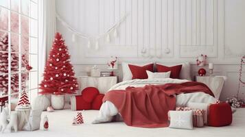 ai generado un rojo y blanco dormitorio es decorado con Navidad decoraciones foto