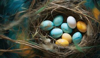 AI generated colorful eggs in a nest are nestled on green grass photo