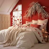 AI generated a red and white bedroom is decorated with christmas decorations photo
