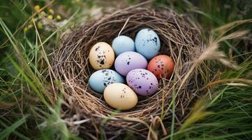 AI generated colorful eggs in a nest are nestled on green grass photo