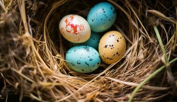 AI generated colorful eggs in a nest are nestled on green grass photo