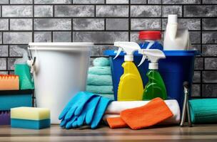 AI generated cleaning supplies, gloves and sponges on a tile floor photo