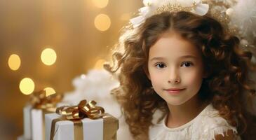 ai generado familia retrato de un niña con Navidad regalos cerca Navidad árbol foto