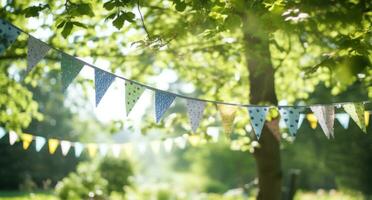 AI generated colored buntings hang in the sunlight, in a sunny day photo