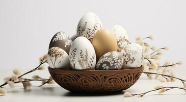 AI generated easter egg basket with white and brown eggs photo