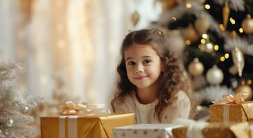 AI generated family portrait of a girl with christmas presents near christmas tree photo