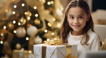 AI generated family portrait of a girl with christmas presents near christmas tree photo