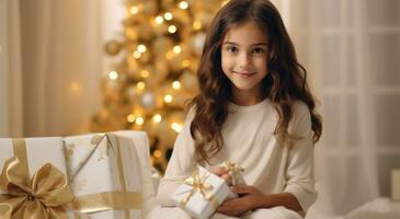 AI generated family portrait of a girl with christmas presents near christmas tree photo