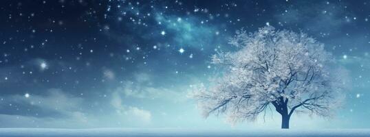 AI generated blue snow falling behind a tree into a blue winter sky background photo