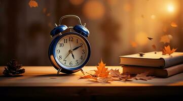 AI generated autumn leaves, tree, books, clock, alarm in a room photo