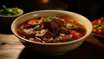 AI generated beef steak soup homemade, melds mexican and american cultures photo