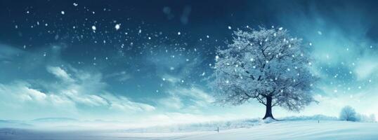 AI generated blue snow falling behind a tree into a blue winter sky background photo