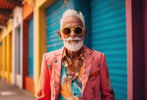 AI generated an elderly man in a colorful outfit photo