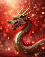 AI generated 3D rendering of golden dragon on a red glitter background photo