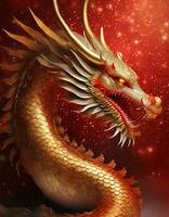 AI generated 3D rendering of golden dragon on a red glitter background photo