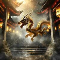 AI generated 3D rendering of golden dragon in the temple with fog photo