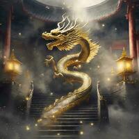 AI generated 3D rendering of golden dragon in the temple with fog photo