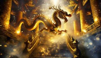 AI generated 3D rendering of golden dragon in the temple with fog photo