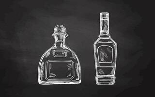 Hand-drawn bottles of tequila on chalkboard background. Elements set for the menu of bars. Vector sketch illustration in engraving style. Mexico, Latin America.