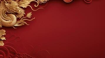 AI generated minimalist chinese background with gold dragon and national ornament large copyspace area. photo