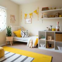 ai generado un genero neutral para niños habitación con un blanco y amarillo color esquema foto