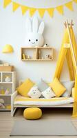 ai generado un genero neutral para niños habitación con un blanco y amarillo color esquema foto