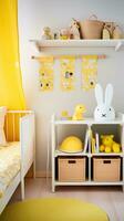 ai generado un genero neutral para niños habitación con un blanco y amarillo color esquema foto