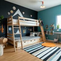 ai generado un divertido para niños habitación con un azul acento muro, un de madera desván cama con un escalera foto