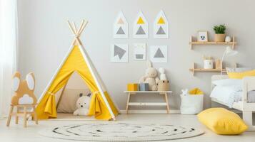 ai generado un genero neutral para niños habitación con un blanco y amarillo color esquema foto