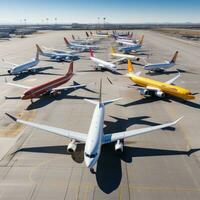 ai generado grupo de aviones estacionado en el pista, visto desde un alto ángulo foto