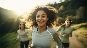 ai generado un grupo de amigos corriendo juntos al aire libre, con sonrisas en su caras y un escénico antecedentes foto