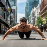 AI generated A man doing push-ups on a city street, with a busy urban setting behind him photo