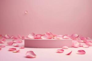 AI generated Pink product podium placement on solid background with rose petals falling. Luxury premium beauty, fashion, cosmetic and spa gift stand presentation. Valentine day present showcase. photo