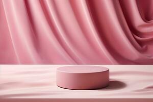 AI generated Cosmetic podium for product presentation. Pink podium and curtain with soft shadow. generative ai. photo