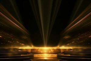 AI generated Abstract golden light rays scene with stairs. generative ai. photo