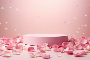 AI generated Pink product podium placement on solid background with rose petals falling. Luxury premium beauty, fashion, cosmetic and spa gift stand presentation. Valentine day present showcase. photo