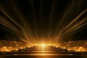 AI generated Abstract golden light rays scene with stairs. generative ai. photo