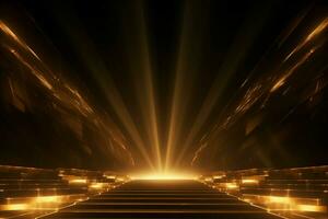 AI generated Abstract golden light rays scene with stairs. generative ai. photo