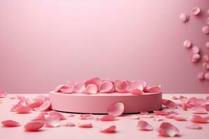 AI generated Pink product podium placement on solid background with rose petals falling. Luxury premium beauty, fashion, cosmetic and spa gift stand presentation. Valentine day present showcase. photo