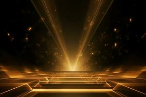 AI generated Abstract golden light rays scene with stairs. generative ai. photo
