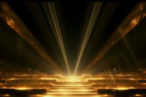 AI generated Abstract golden light rays scene with stairs. generative ai. photo