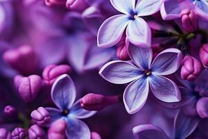 AI generated Macro image of spring lilac violet flowers, abstract soft floral background. generative ai. photo