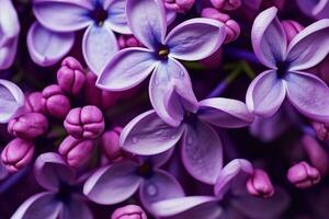 AI generated Macro image of spring lilac violet flowers, abstract soft floral background. generative ai. photo