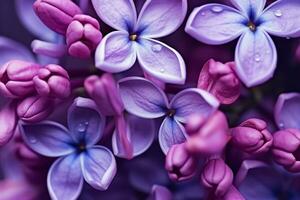 AI generated Macro image of spring lilac violet flowers, abstract soft floral background. generative ai. photo
